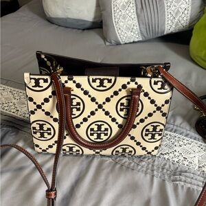 Tory Burch Cream and Brown Logo-Print Satchel